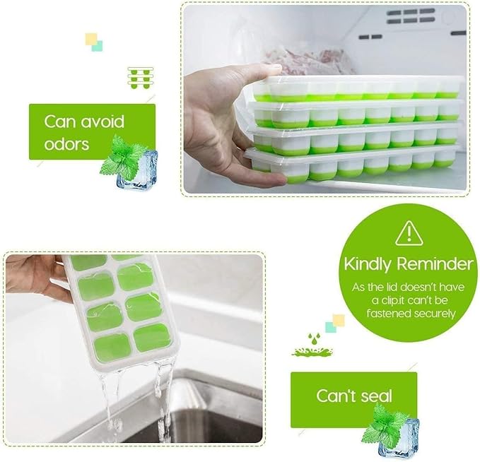 Ice Cube Trays, Silicone Easy-Release and Flexible 14-Ice Trays with Spill-Resistant Removable Lid, BPA Free, Durable and Dishwasher Safe, 4 Pack