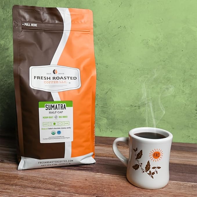 Fresh Roasted Coffee, Organic Sumatra Water-Processed Half-Caf | 100% Single Origin, USDA Organic, Kosher | Medium Roast 5 lb (80 oz) Whole Bean