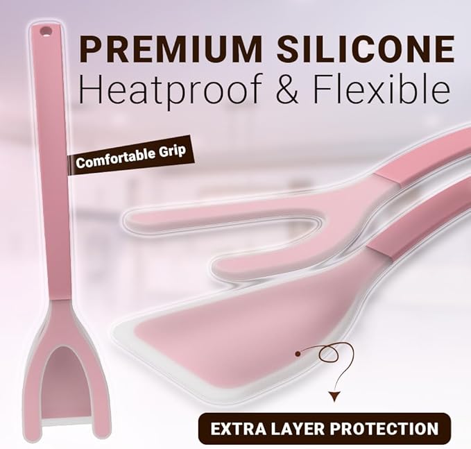 Silicone Egg Flipper Spatula Tongs (Set of 1) – Non-Stick 2-in-1 Grip & Flip Kitchen Tongs for Pancakes, Fish, Eggs, and More – Heat Resistant Cooking Tool (Pink)