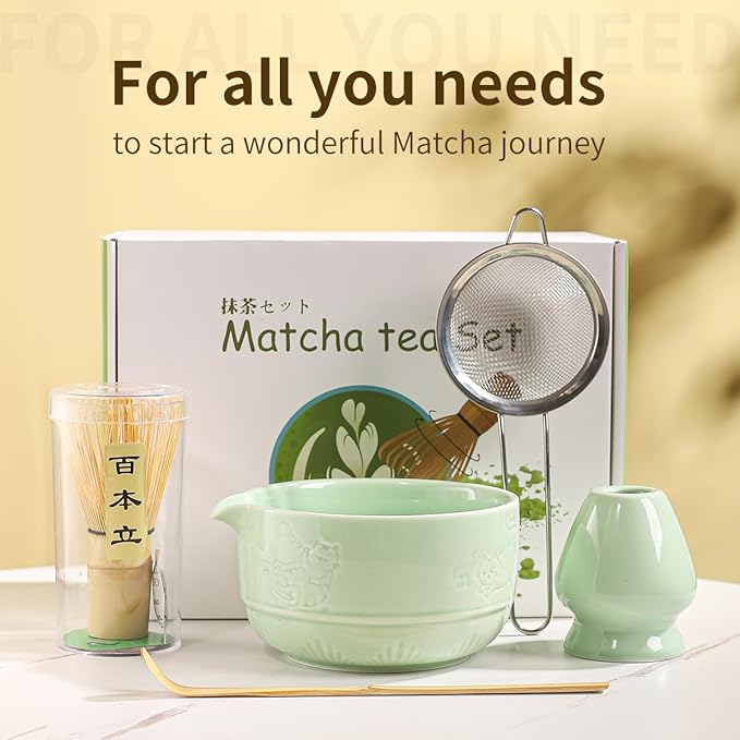 Matcha Tea Set, 5-Piece Ceramic Matcha Bowl & Whisk Kit with Cute Cat Pattern, Traditional Japanese Chawan, Scoop & Sifter, Perfect for Tea Ceremony, Gift for & Tea Lovers (green)