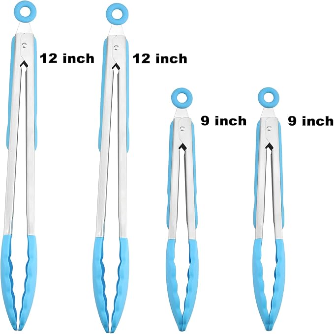 4 Pack Blue Kitchen Tongs, Premium Silicone BPA Free Non-Stick Stainless Steel BBQ Cooking Grilling Locking Food Tongs, 9-Inch & 12-Inch