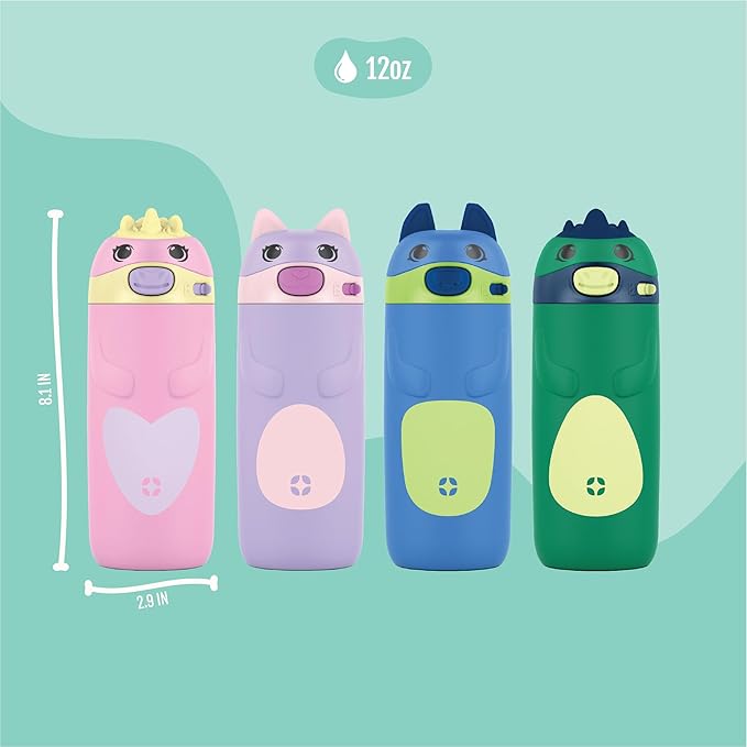 Ello Ellies 12oz Vacuum Insulated Stainless Steel Kids Water Bottle with Straw and Built-in Carrying Handle and Leak-Proof Locking Lid for School Backpack, Lunchbox and Outdoor Sports, Dino