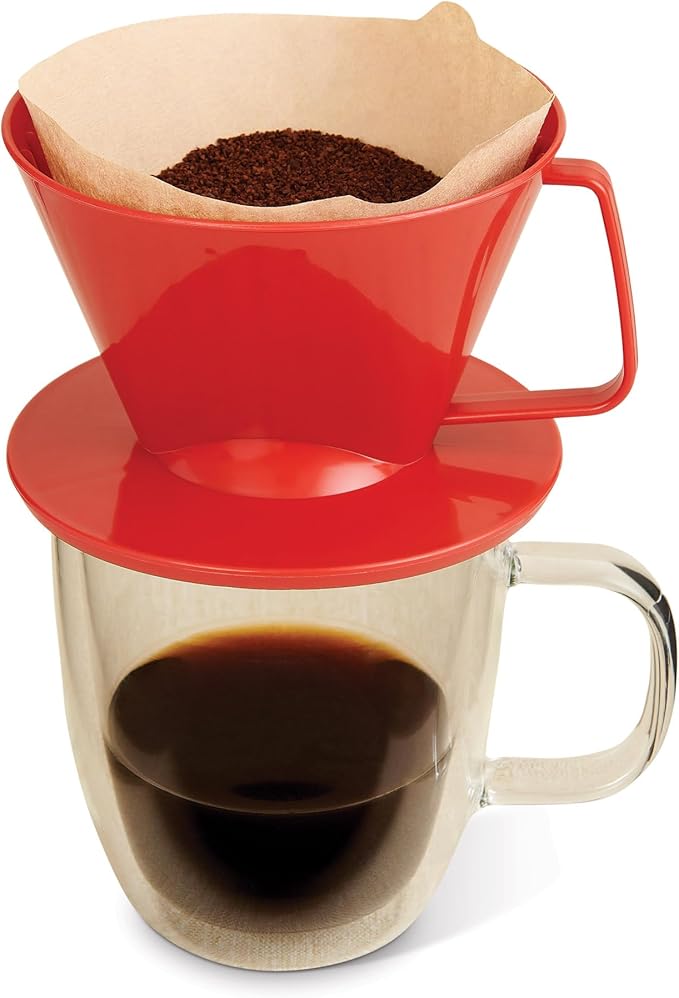 Fino Pour-Over Coffee Brewing Filter Cone, Number 1-Size, Red, Brews 1 to 2-Servings, Set of 2