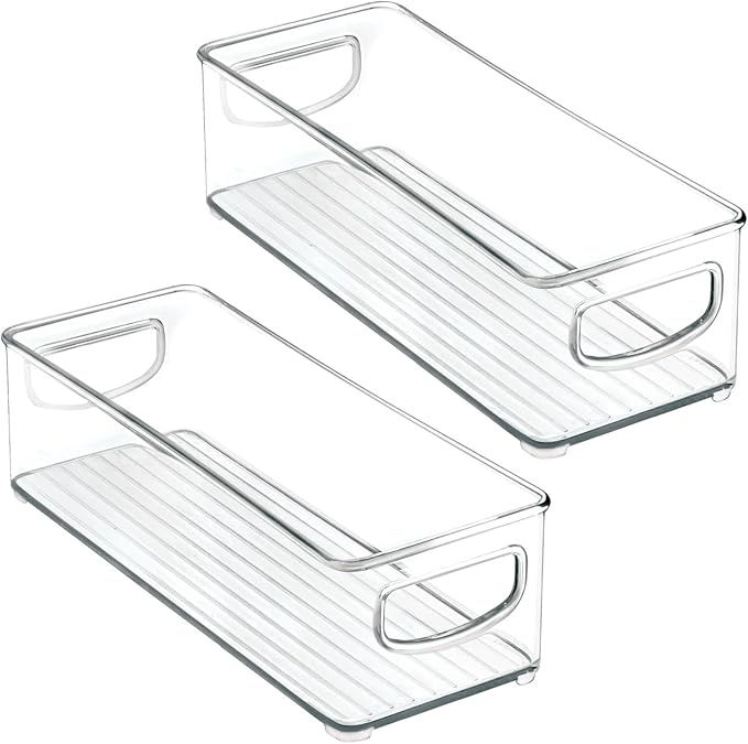 mDesign Small Plastic Office Storage Container Bins with Handles for Organization in Filing Cabinet, Closet Shelf, or Desk Drawers, Organizer for Notes, Pens, Pencils, Ligne Collection, 2 Pack - Clear