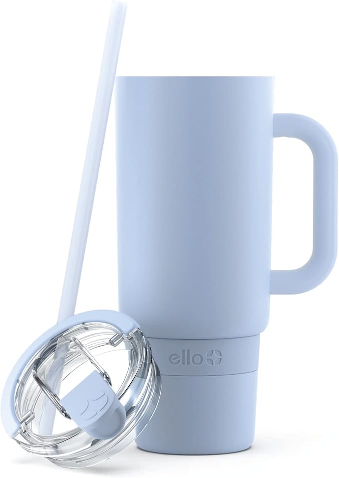 Ello Port 40oz Tumbler with Carry Loop & Integrated Handle, Vacuum Insulated Stainless Steel Reusable Water Bottle, Travel Mug with Leak Proof Lid & Straw for Iced Coffee & Tea, Halogen Blue
