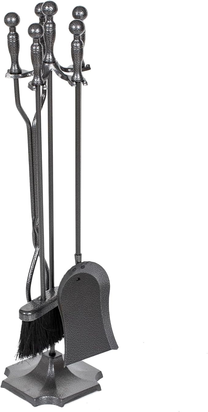 nalone 5 Pieces Fireplace Tools Set, Wrought Iron with Silver Pattern Fireplace Accessories Set with Poker, Tong, Shovel, Brush, Fire Place Tools Indoor Outdoor (Grey)