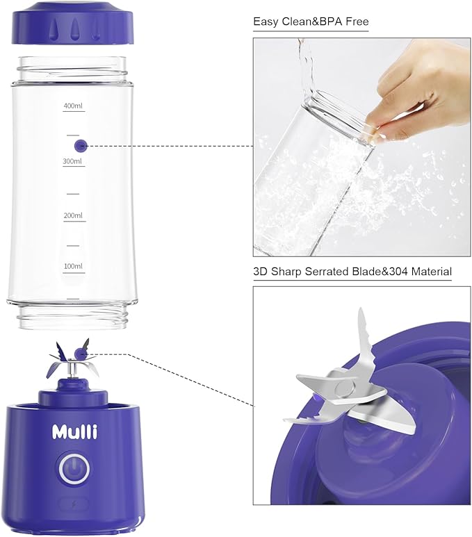 ‌Mulli Portable Blender 14oz-USB Rechargeable Smoothie Maker with 6 Stainless Steel Blades, Personal Mini Blender for Shakes, Baby Food, Travel, Gym & Kitchen, BPA-Free