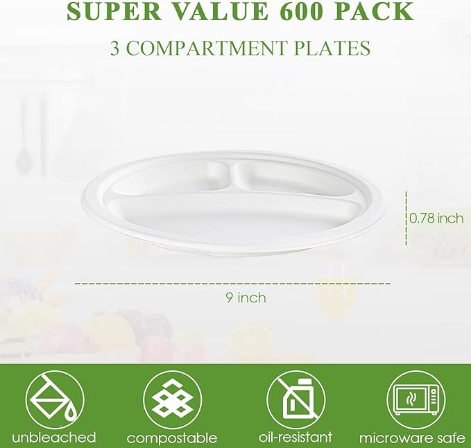 Vplus 100% Compostable Paper Plates, 600 Pack 9 Inch 3 Compartment Plates Disposable, Heavy Duty Biodegradable, Made of Sugar Cane Fibers, for Daily meals, Dinner, Parties, BBQ
