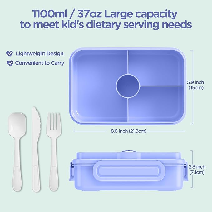 Jelife Bento Lunch Box for Kids - Large Bento-Style Leakproof Bento Boxes with 4 Compartments Lunchbox with Silverware for Kids Back to School, Reusable On-the-Go Meal and Snack Containers,Macaron
