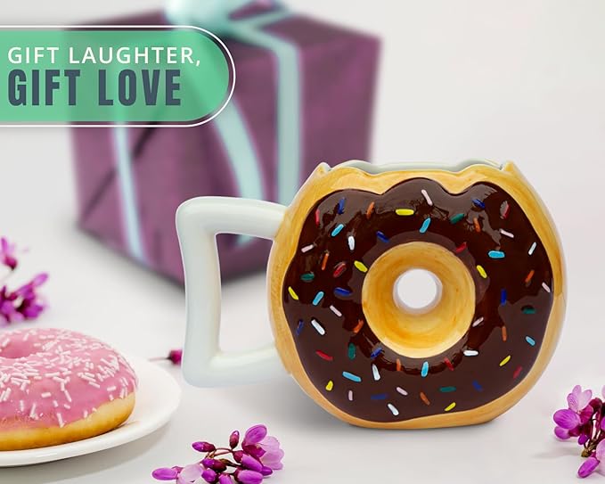 Ceramic Donut Cup – Chocolate Glaze with Sprinkles – Funny “MMM... Donuts!” Quote – Best Cup for Coffee, Tea & More – Large 14 oz – Brown