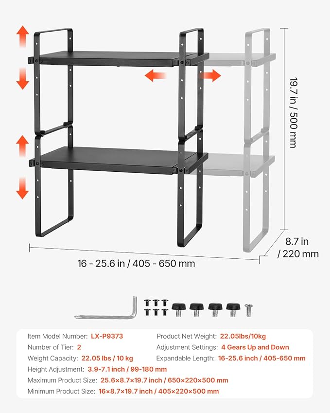 VEVOR Adjustable Kitchen Cabinet Shelf Organizer, Expandable 2 Tier Cabinet Shelf, Stackable Countertop Organizers and Storage Risers, Pantry for Kitchen Bathroom Office, Black