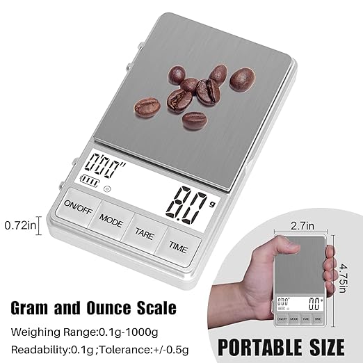 WEIGHTMAN Small Coffee Scale with Timer, Espresso Scale with Timer 1000 x 0.1g, Mini Food Scale Large Backlit LCD Display Stainless Steel, Digital Pocket Scale Grams and Ounces…