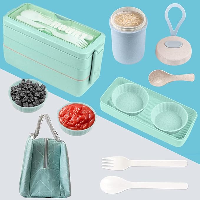 Iteryn Stackable Bento Box Kit, 3-Compartment Japanese Lunch Containers, Wheat Straw, All-in-1 Bento Lunch Box for Adult Meal Prep Snack