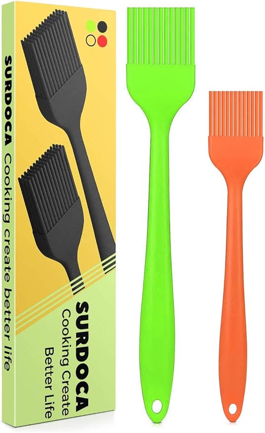 SURDOCA Silicone Pastry Basting Brush - 2Pcs 10 + 8 in Heat Resistant Brush for Baking Cooking Food, BPA Free Kitchen Brush for Sauce Butter Oil, Stainless Steel Core Design for Barbecue BBQ Grilling