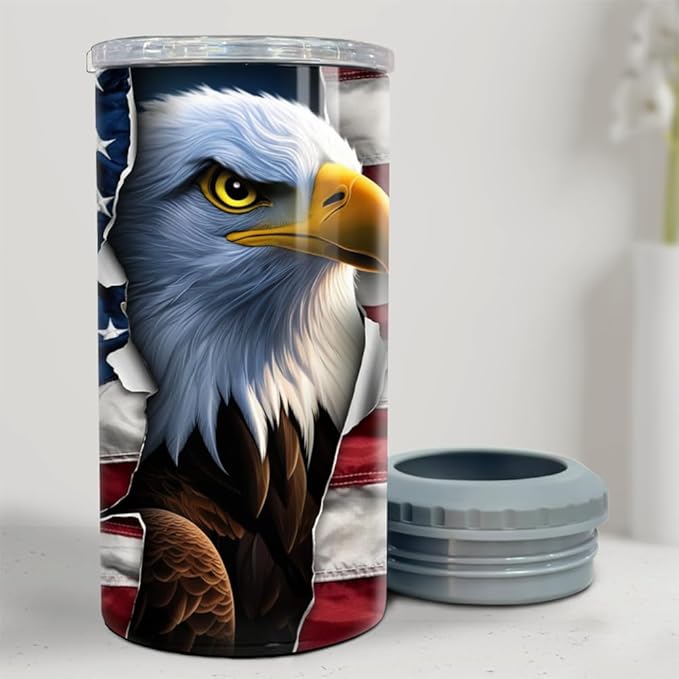 SANDJEST Eagle Tumbler American Flag 4 in 1 12oz Can Cooler Coozie Skinny Stainless Steel Tumbler Gift for Men Dad Father Travel Veteran Day 4th of July