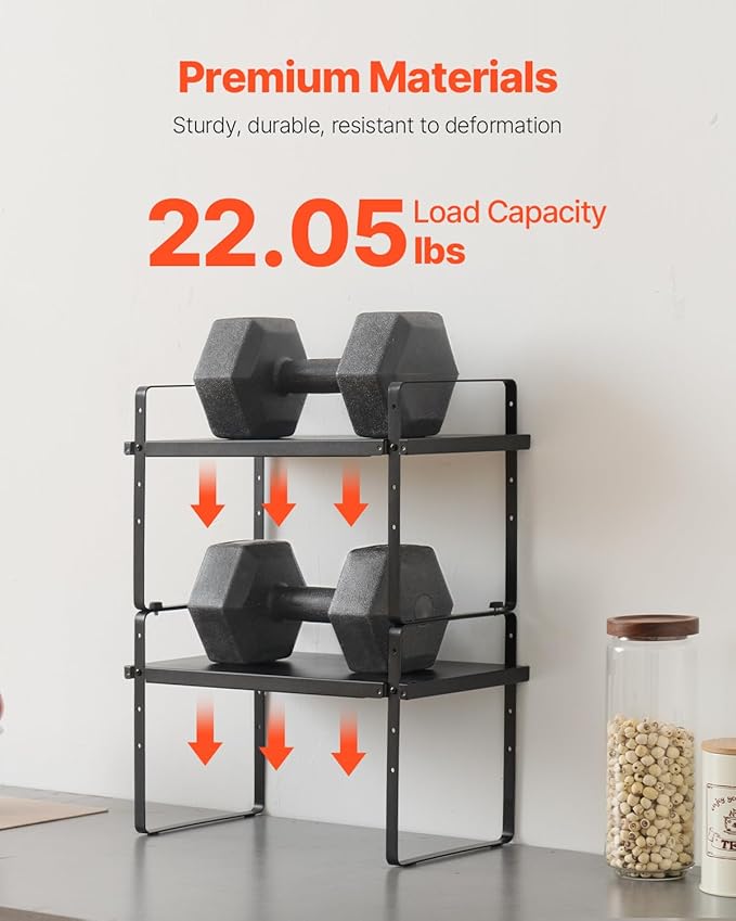 VEVOR Adjustable Kitchen Cabinet Shelf Organizer, Expandable 2 Tier Cabinet Shelf, Stackable Countertop Organizers and Storage Risers, Pantry for Kitchen Bathroom Office, Black
