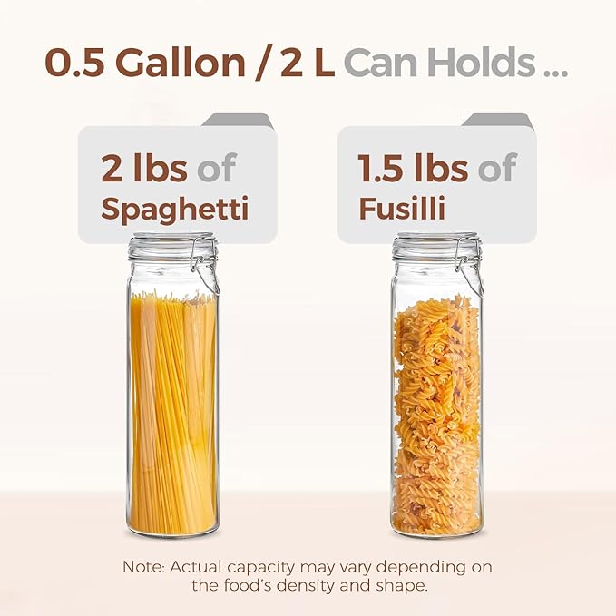 ComSaf 60oz Airtight Glass Jars Set of 3 with Lids Food Storage Jar Round - Tall Spaghetti Container with Clear Preserving Seal Wire Clip Fastening, Pasta jar for Kitchen Canning, Nut,Oat, Dry Goods
