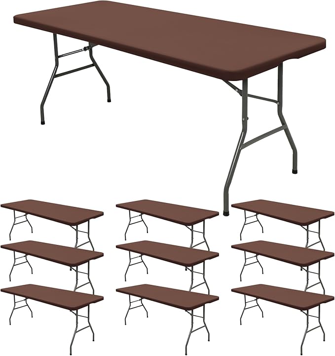 10 Pack Fitted Tablecloth for 6 Foot Rectangle Tables, Coffee Elastic Outdoor Picnic Table Cover, Washable Stretch Folding Table Cloths 6 ft for Camping Party Patio Kitchen Banquet, 30" W x 72" L
