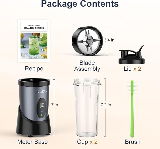 KOIOS Smoothie Blender, 900W Personal Blender for Shakes and Smoothies for Kitchen with 2 No-BPA 22oz Portable Cups, Single Serve Smoothies Maker Mixer for Juices, Nutritious Recipe (Grey Blue)
