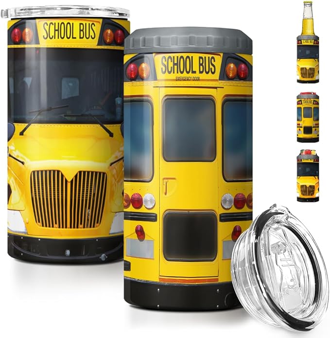 SANDJEST School Bus Driver Tumbler - 4-in-1 Design Tumbler Cup Can Cooler - 12oz Stainless Steel Insulated Cans Coozie Travel Mug Birthday, Christmas, Appreciation, Teacher's Day Gifts for Teachers