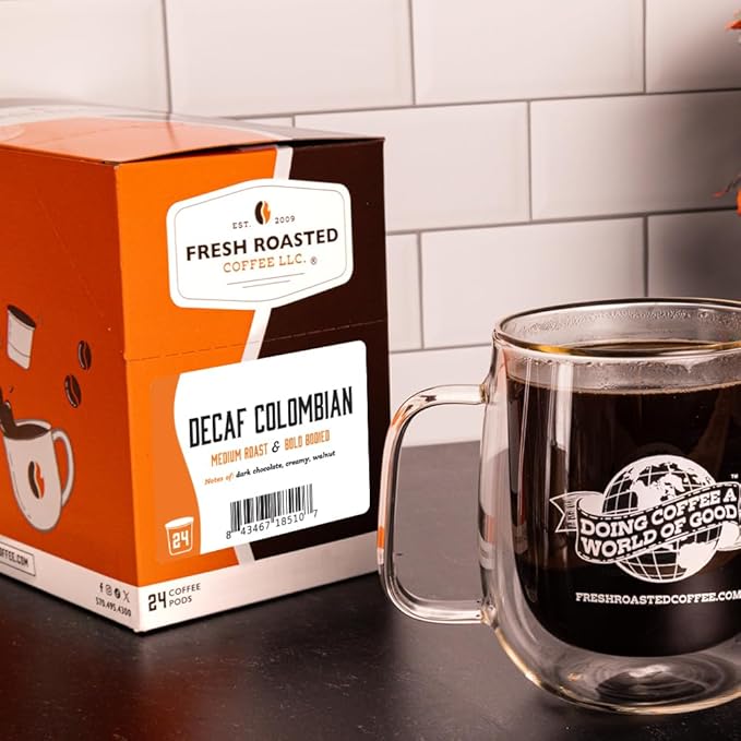 Fresh Roasted Coffee,100% Colombian Decaf, Kosher, EA Natural Decaf, K-Cup Compatible, 24 Pods