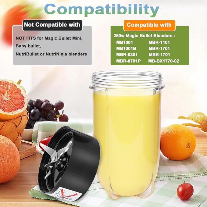 Replacement Cross Blade + 16oz Cup Set for Magic Bullet, Replacement Parts compatible with 250 W Magic Bullet MB1001 Blender