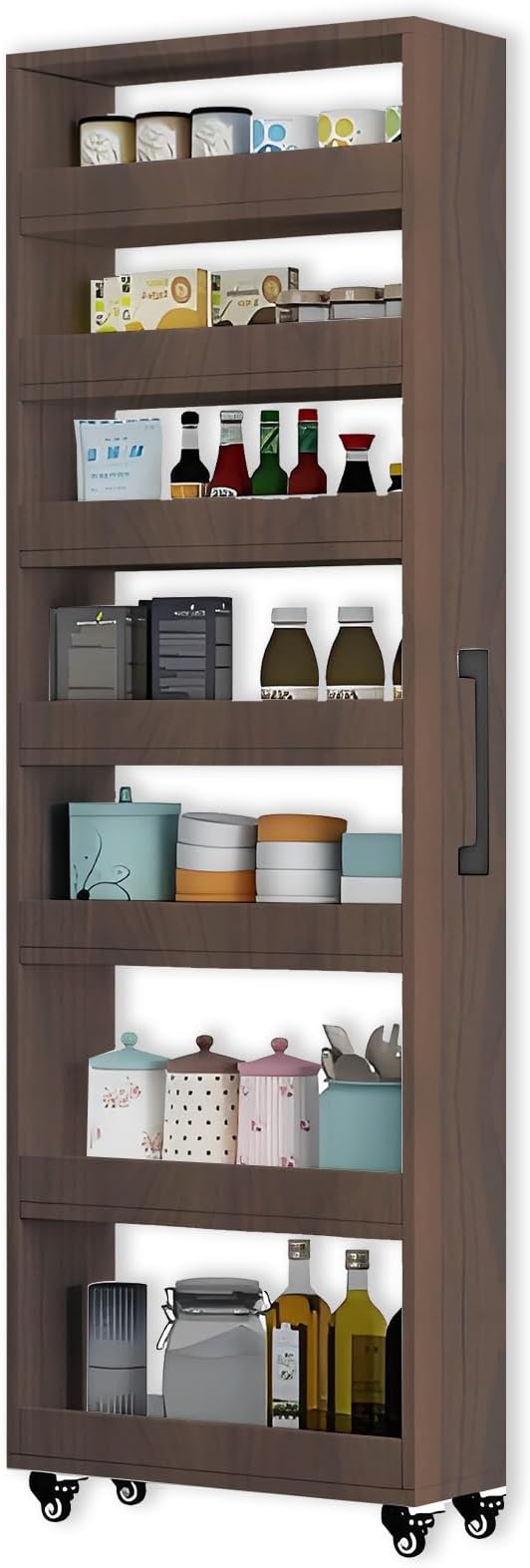 7-Tier Slim Storage Cart, Wooden Rolling Pantry Cabinet with Wheels, Narrow Shelf Organizer for Kitchen, Bakers Rack, Dining Room, Closet, Small Spaces Teak 73.2''H*9.8''W*19.6''D