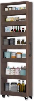7-Tier Slim Storage Cart, Wooden Rolling Pantry Cabinet with Wheels, Narrow Shelf Organizer for Kitchen, Bakers Rack, Dining Room, Closet, Small Spaces Teak 73.2''H*5.9''W*23.6''D