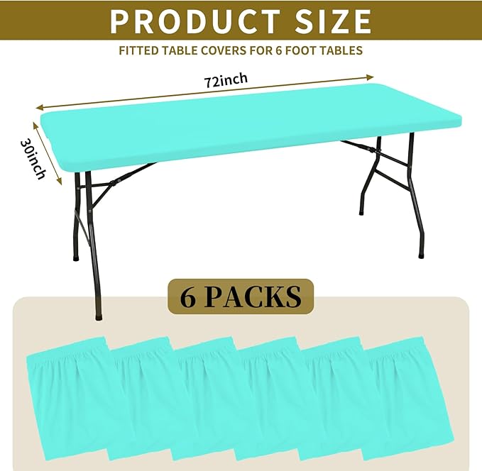 6 Pack Fitted Tablecloth for 6 Foot Rectangle Tables, Aqua Blue Elastic Outdoor Picnic Table Cover, Washable Stretch Folding Table Cloths 6 ft for Camping Party Patio Kitchen Banquet, 30" W x 72" L