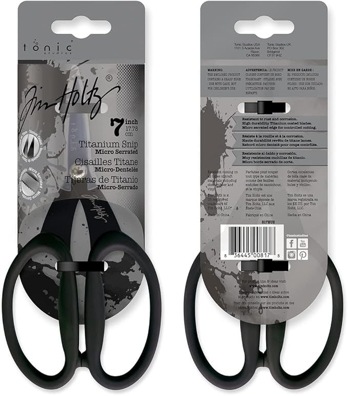 Tim Holtz Small Titanium Scissors - 7 Inch Mini Snips with Micro Serrated Blade - Non Stick Craft Tool for Cutting Paper, Fabric, and Sewing - Black Comfort Grip Handles