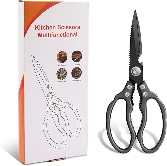CGBE Kitchen Scissors, Multi-Purpose Kitchen Shears, Heavy Duty Dishwasher Safe Food Scissors for Chicken, Poultry, Fish, Meat & Herbs with Non-Slip Grips - ALL Black