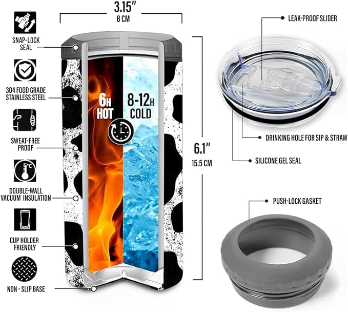 SANDJEST Cow Tumbler Cowhide Doodle 4 in 1 12oz Tumbler Can Cooler Coozie Skinny Stainless Steel Tumbler Gift for Women Girl Daughter Sister Animal Lovers Farm Girl Christmas Birthday