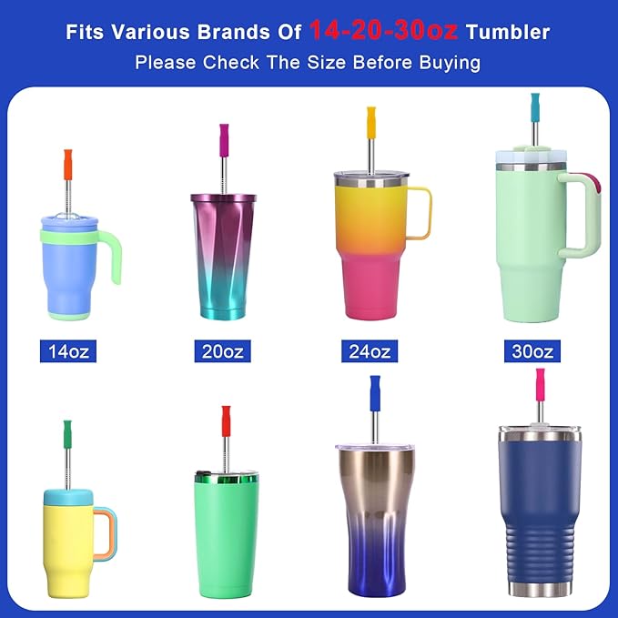 Newly Upgraded 8.5In Reusable Stainless Steel Straws Set 12 PCS with 12 Silicone Tips, 2 Straw Brush, 1 Storage Case, BPA Free, Eco-Friendly Metal Straws for 14, 20, 30 oz Tumbler，for Hot/Cold Drinks