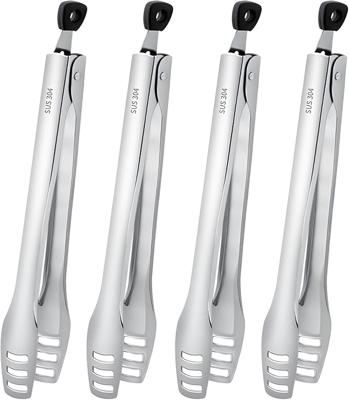 4 Pcs Stainless Steel Tongs for Cooking, Kitchen Food Serving, Buffet Party, 10.6 in/27 cm Locking Utensils with Hollow Head, Food-safe Material