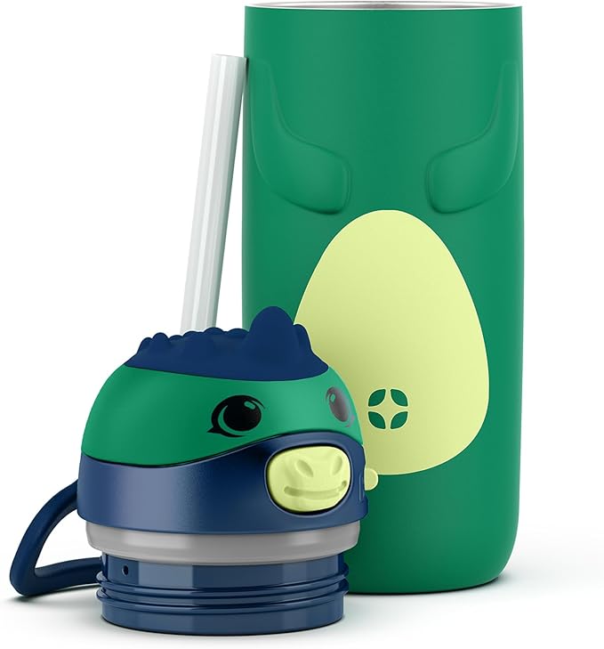 Ello Ellies 12oz Vacuum Insulated Stainless Steel Kids Water Bottle with Straw and Built-in Carrying Handle and Leak-Proof Locking Lid for School Backpack, Lunchbox and Outdoor Sports, Dino