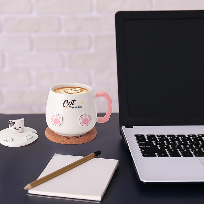 Bgbg Cute Cat Mug, Novelty Ceramic Coffee Tea Milk Cup with Lovely Kitty Lid, Kawaii Claw Spoon, Anime Coaster, Novelty Things Birthday Christmas Gift for Cat Lovers Women Her, 14 oz, White