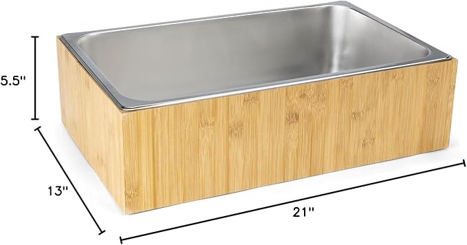 Displays2go 21" x 6.5" Ice Housing Tray - Bamboo and Steel Ice Housing Container - Removable Tray for Display Buffets - Bamboo (FSIHWOODL)