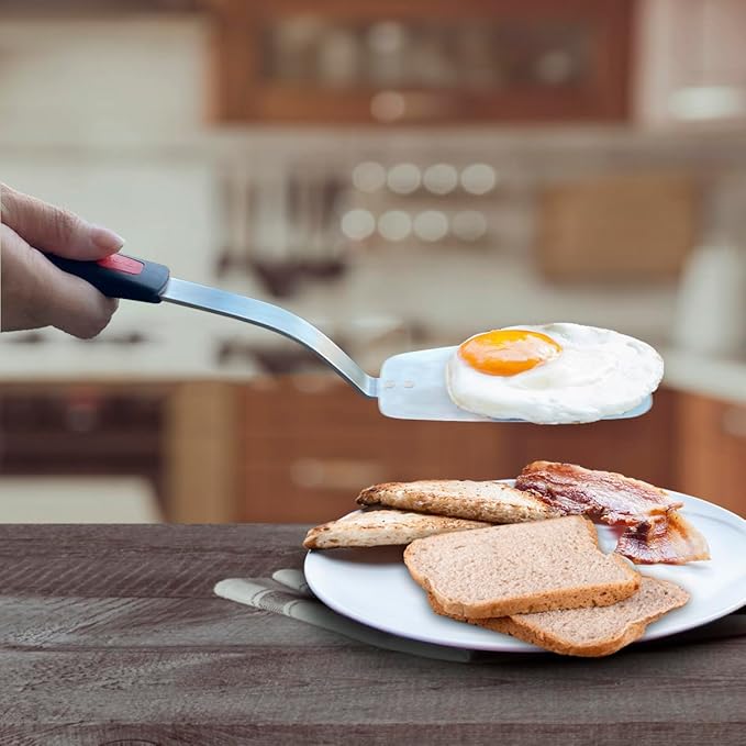 Stainless Steel Flexible Spatula Turner, VOVOLY Thin Metal Spatula for Cast Iron Skillet, Thin Blade and Heat Resistant Silicone Handle, Great for Egg, Cookie, Meat, Crep, Medium