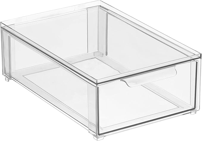 mDesign Plastic Closet Organizer Bin w/Pull Out Drawer - Shallow Stackable Storage for Closet - Organization for Shoes, Clothes, Bags, Totes, and Small Linens - Lumiere Collection - Clear