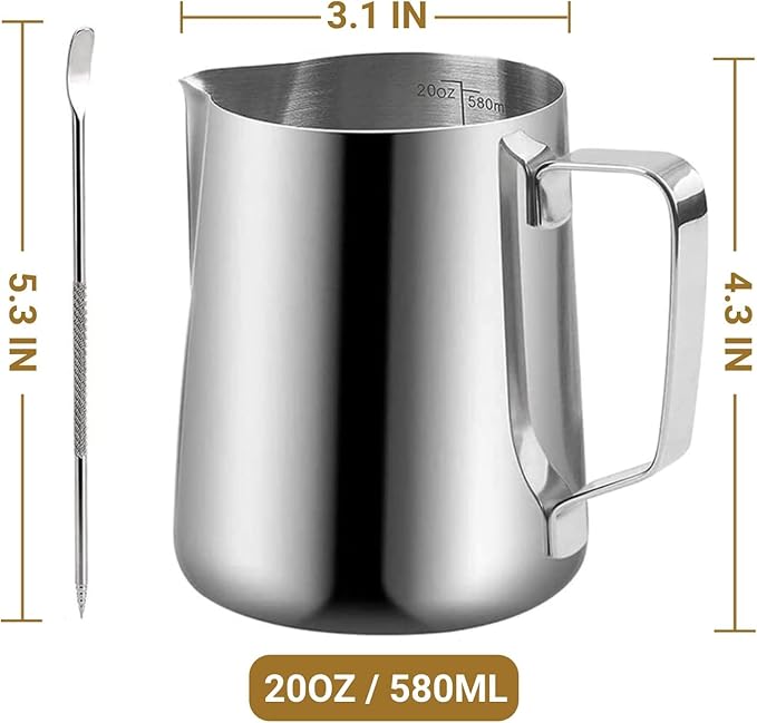 Milk Frothing Pitcher, 590ml/20oz Milk Frother Cup Stainless Steel Jug Steaming Pitcher, Milk Coffee Cappuccino Latte Art Barista Steam Pitchers Milk Jug Cup with 1 Pcs Decorating Pen