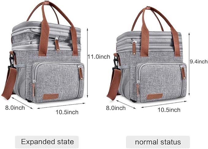 MOV COMPRA Adult Lunch Box for Work, Expandable Large Lunch Bags for Women Men, Leakproof Double Deck Lunch Box Cooler Tote Bag with Removable Shoulder Strap (Grey)