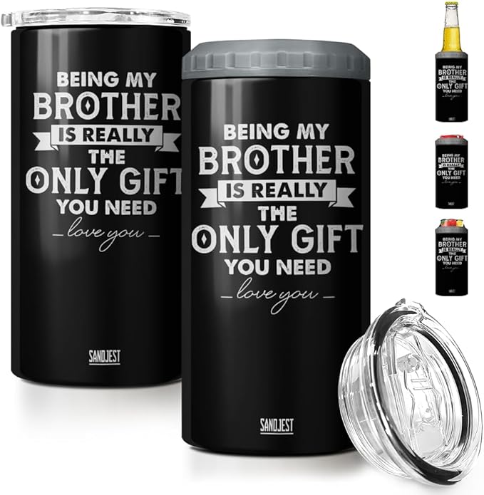SANDJEST 4-in-1 Design Brother Tumbler & Can Cooler Gift - Being Brother is the Only Gift You Need Cans Coozie - Black Can Holder Christmas Birthday Gifts for Brothers from Sisters, Bros