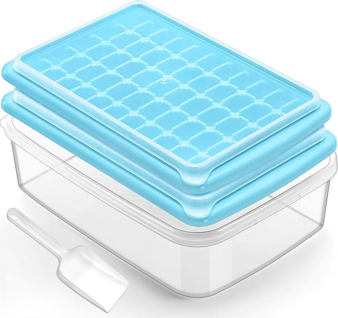 ARTLEO Ice Cube Tray with Lid and Bin for Freezer, Easy Release 55 Ice Cube Trays 2 Pack, Spill-Proof Filling & Transporting, Stackable Ice Maker Tray and Big Storage Container, BPA Free