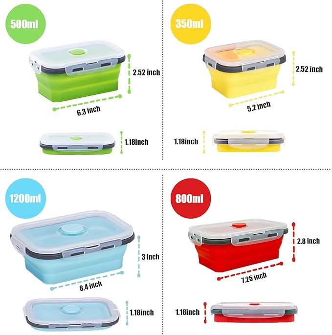 KUON Collapsible Silicone Food Storage Containers, Set of 4 Kitchen Collapsible Bowls with Airtight Lids, BPA Free, Microwave and Freezer and Dishwasher Safe (4 Colors)