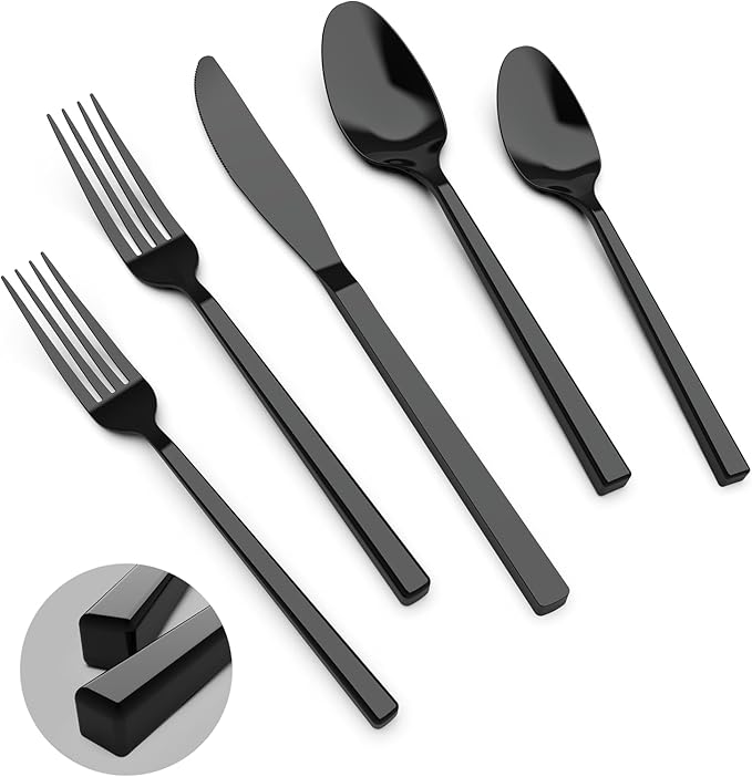 Cubic Black 20-Piece Silverware Set, 18/10 Forged Stainless Steel Flatware, Mirror Polished Modern Cutlery Set, Service for 4, Dishwasher Safe