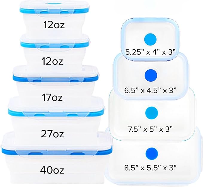 ECOBERI Collapsible Silicone Food Storage Containers, BPA Free, Microwave, Freezer and Dishwasher Safe, Lunch, Meal Prep, Travel, Space-Saving, Set of 5