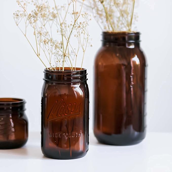 32 oz Wide Mouth Amber Glass Mason Jars (6 Pack) - BPA Free, Air Tight, Leak Resistant - Quart Mason Jars for Canning, Storing Food, Spices, and Meal Prep