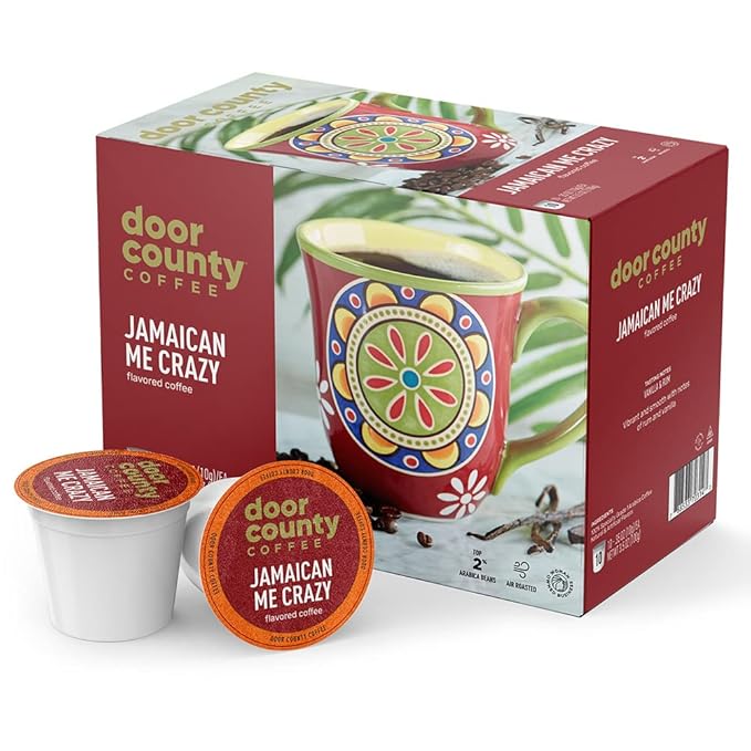 Door County Coffee Jamaican Me Crazy® Flavored Ground - 10 Count Single Serve Cups - Medium Roast - 100% Specialty Arabica - Flavored Gourmet - Rum & Vanilla Flavored