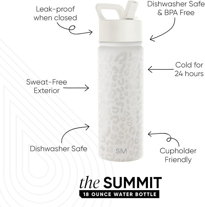 Simple Modern Kids Water Bottle with Straw Lid Vacuum Insulated Stainless Steel Metal Thermos Bottles | Reusable Leak Proof BPA-Free Flask for School | Summit Collection | 18oz, Cream Leopard
