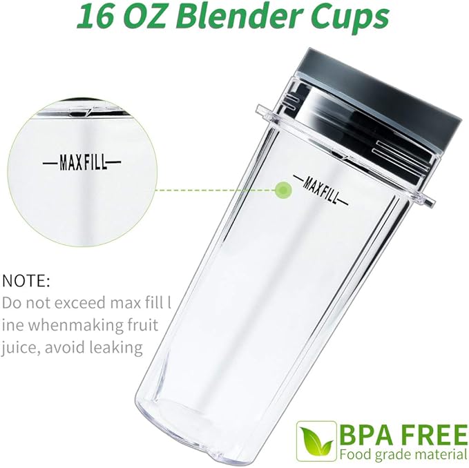 Replacement Parts for Nutri Ninja, Blender 6 Fins Blade Assembly and 2 Pack 16 oz Cup Set for BL770 BL780 BL660 Blender (3.35 inch)